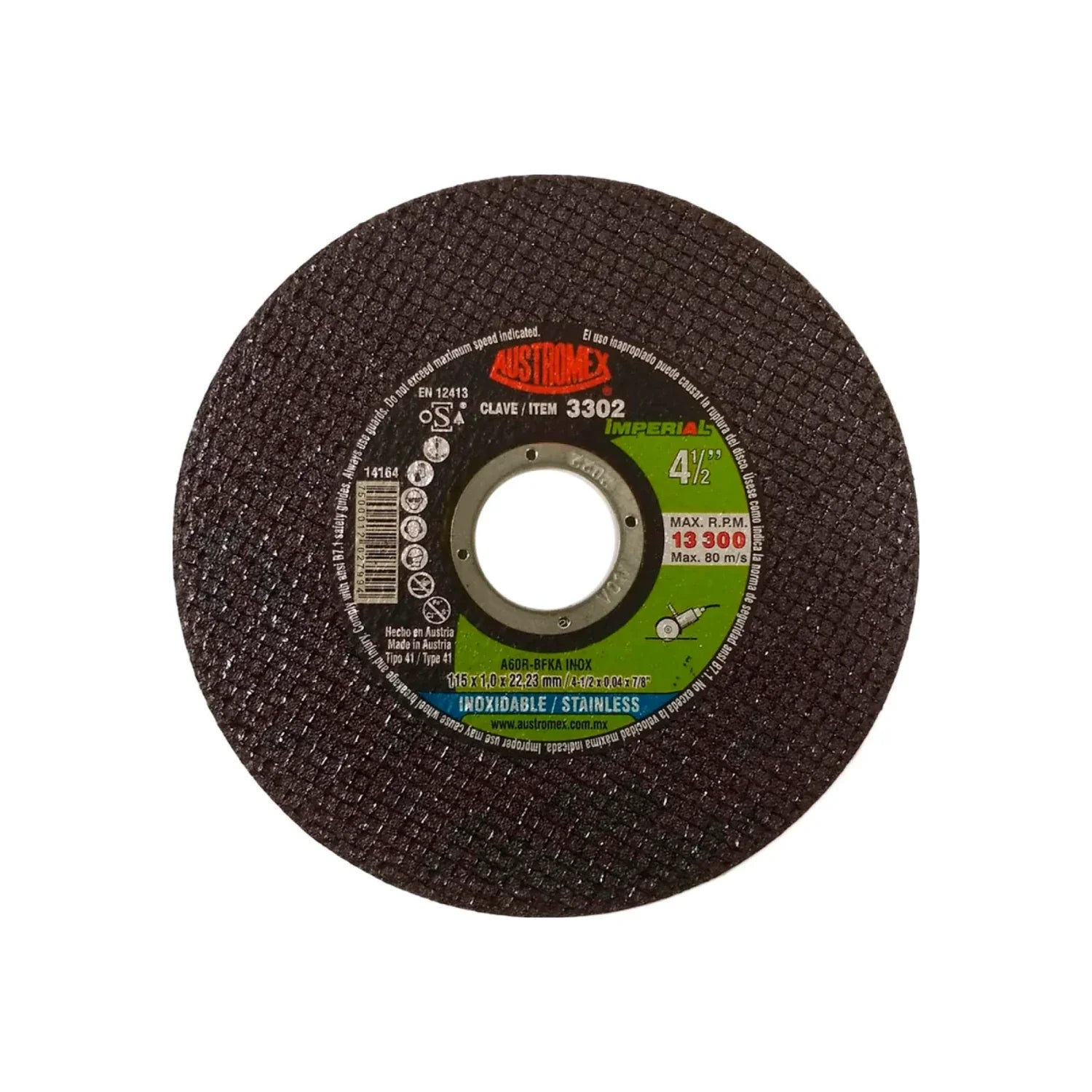 Fabricado con óxido de aluminio.,Corte inoxidable.,Diámetro: 4 1/2"(114 mm).,Eje: 7/8"(22.23 mm).,Espesor: 3/64"(1 mm).,Tipo 41,Velocidad 13300 RPM,Disco súper delgado especializado para corte de acero inoxidable.,Usar guantes y lentes de protección al momento de su uso.