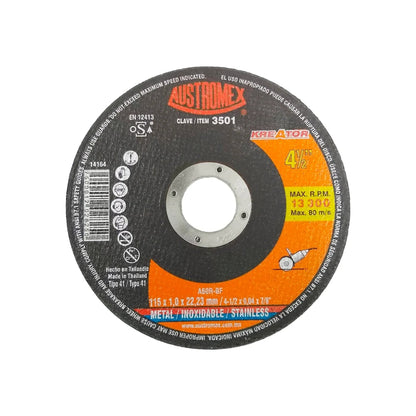 Disco de corte Austromex 3501 para acero inoxidable y metal, 4 1/2 pulgadas, 115x1mm, color negro y naranja.