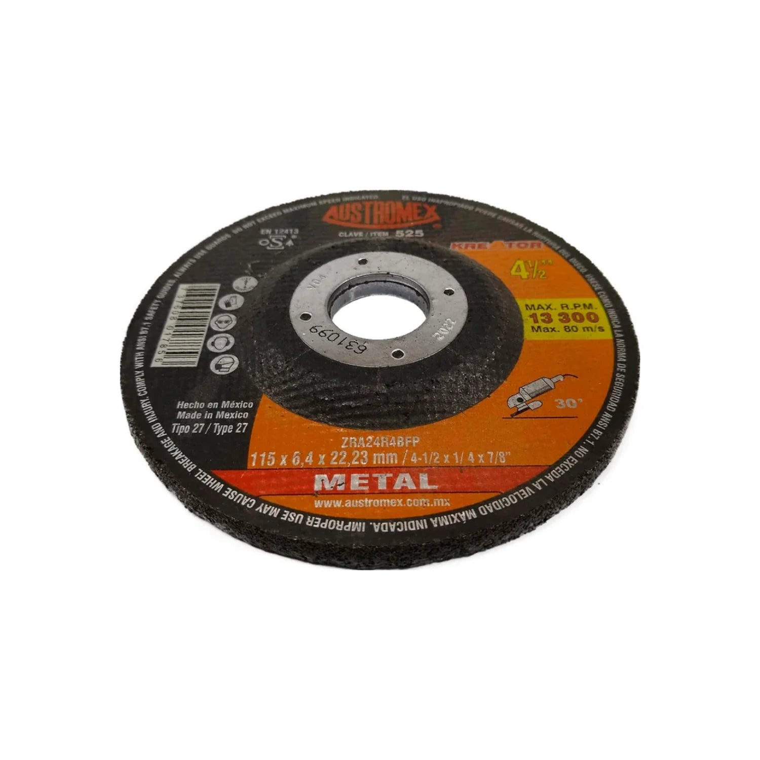 Disco de desbaste Austromex 4 1/2 x 1/4" para metal, Tipo 27, 13300 RPM máximo