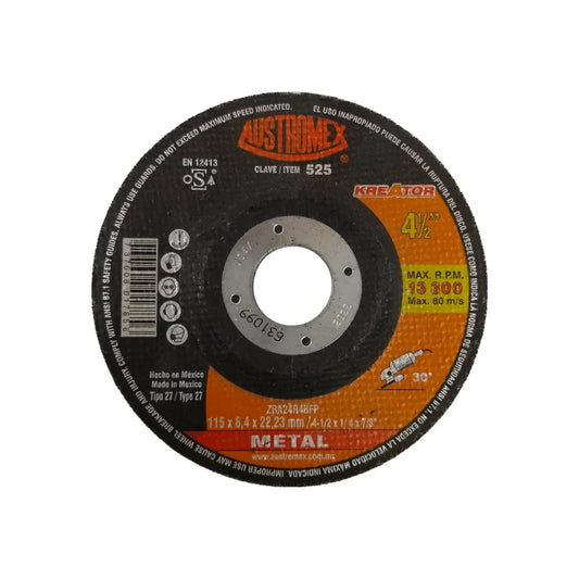 Fabricado con zirconio y óxido de aluminio.,Desbaste metal.,Diámetro: 4 1/2"(114 mm).,Eje: 7/8"(22.23 mm).,Espesor: 1/4"(6 mm).,Tipo 27,Velocidad 13300 RPM,Excelente rendimiento con refuerzo de 4 mallas.,Disco para desbaste con centro deprimido.,Ideal para operaciones industriales donde se desbastan grandes superficies.,Usar guantes y lentes de protección al momento de su uso.