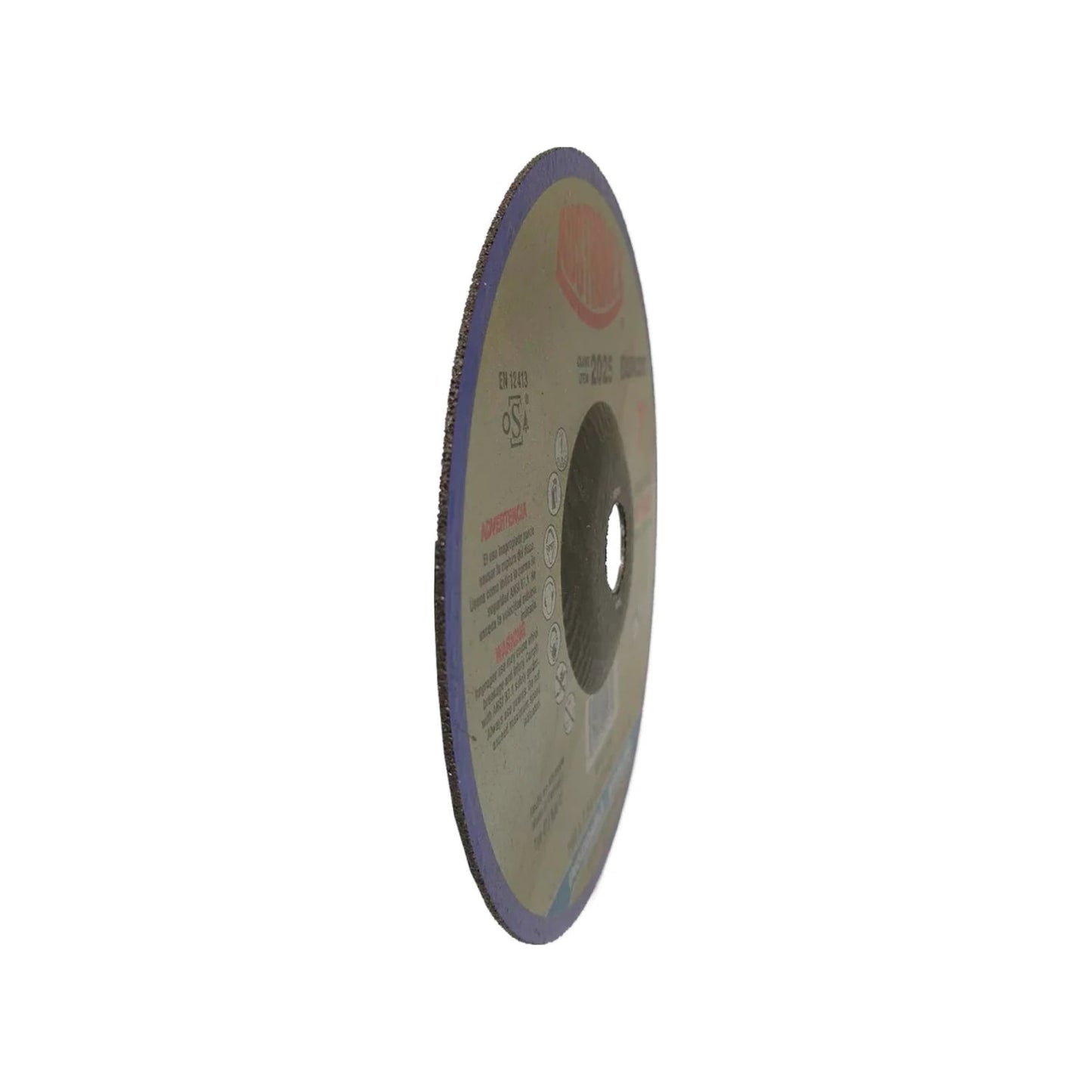 Disco de corte Austromex 2025 de 7" para acero inoxidable, abrasivo, beige con borde morado.
