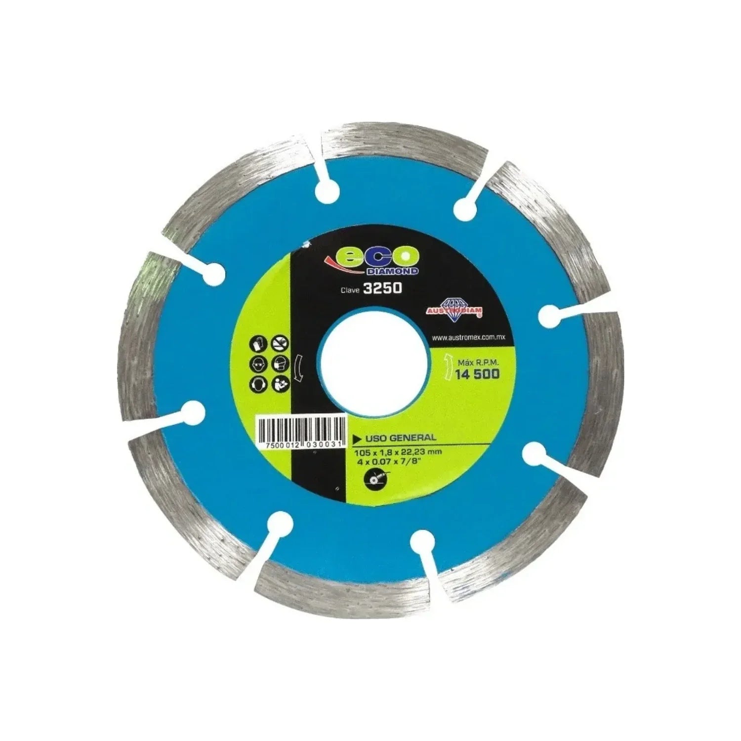 Disco de diamante segmentado.,Corte de materiales de construcción en general.,Diámetro: 4"(102 mm).,Eje: 7/8"(22.23 mm).,Espesor: 2 mm,Velocidad 14500 RPM,Máquina: Esmeriladora Angular.,Ideal para concreto, mármol, granito o cantera.,Corte en seco y húmedo.,Usar guantes y lentes de protección al momento de su uso.