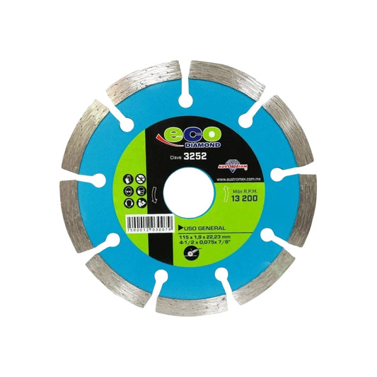 Disco de diamante segmentado.,Para corte en seco de materiales de construcción en general.,Diámetro: 4 1/2"(114 mm).,Eje: 7/8"(22.23 mm).,Espesor: 1.9 mm,Velocidad 13300 RPM,Perfecto para usarse en materiales como concreto, mármol, granito o cantera.,Usar guantes y lentes de protección al momento de su uso.