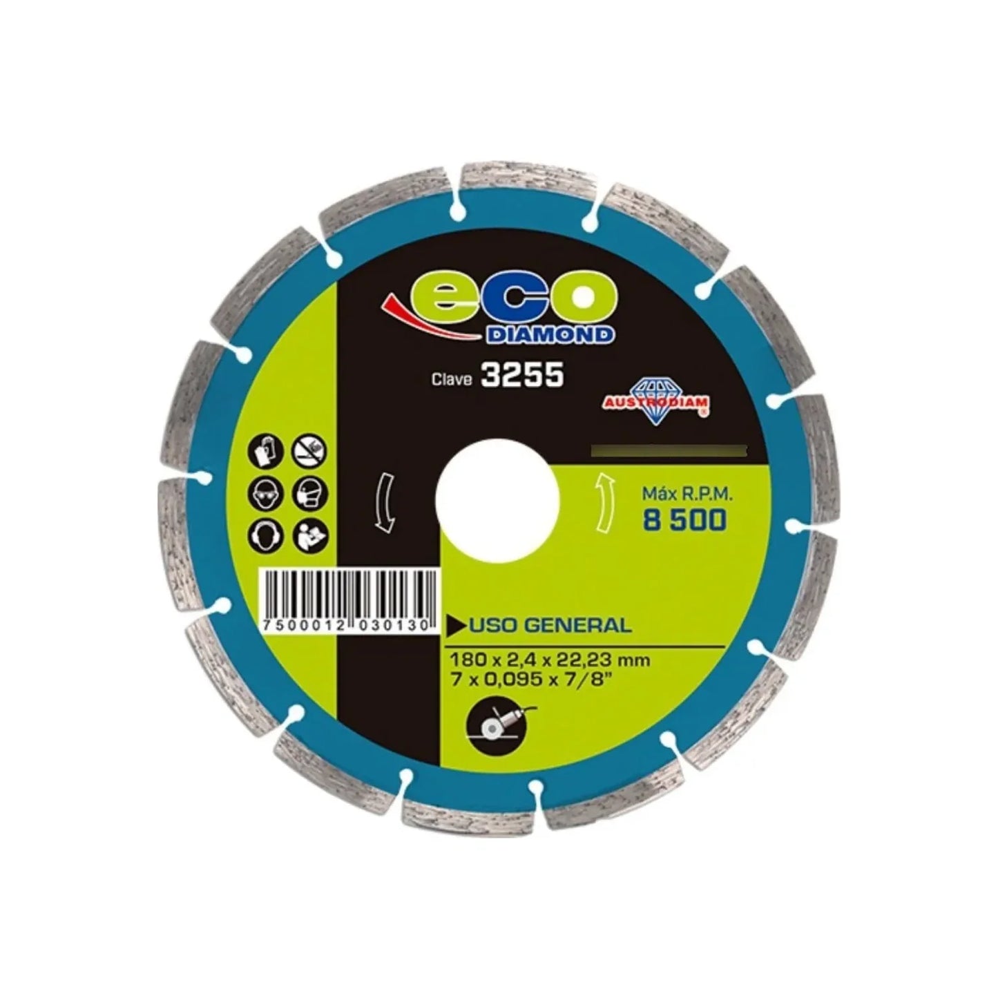 Disco de diamante rin segmentado.,Corte para materiales de construcción.,Diámetro: 7"(180 mm).,Eje: 7/8"(22.23 mm).,Espesor: 2.2 mm,Velocidad 8500 RPM,Ideal para corte en concreto, mármol, granito o cantera.,Uso no intensivo.,Súper económicos y de gran rendimiento.,Usar guantes y lentes de protección al momento de su uso. 