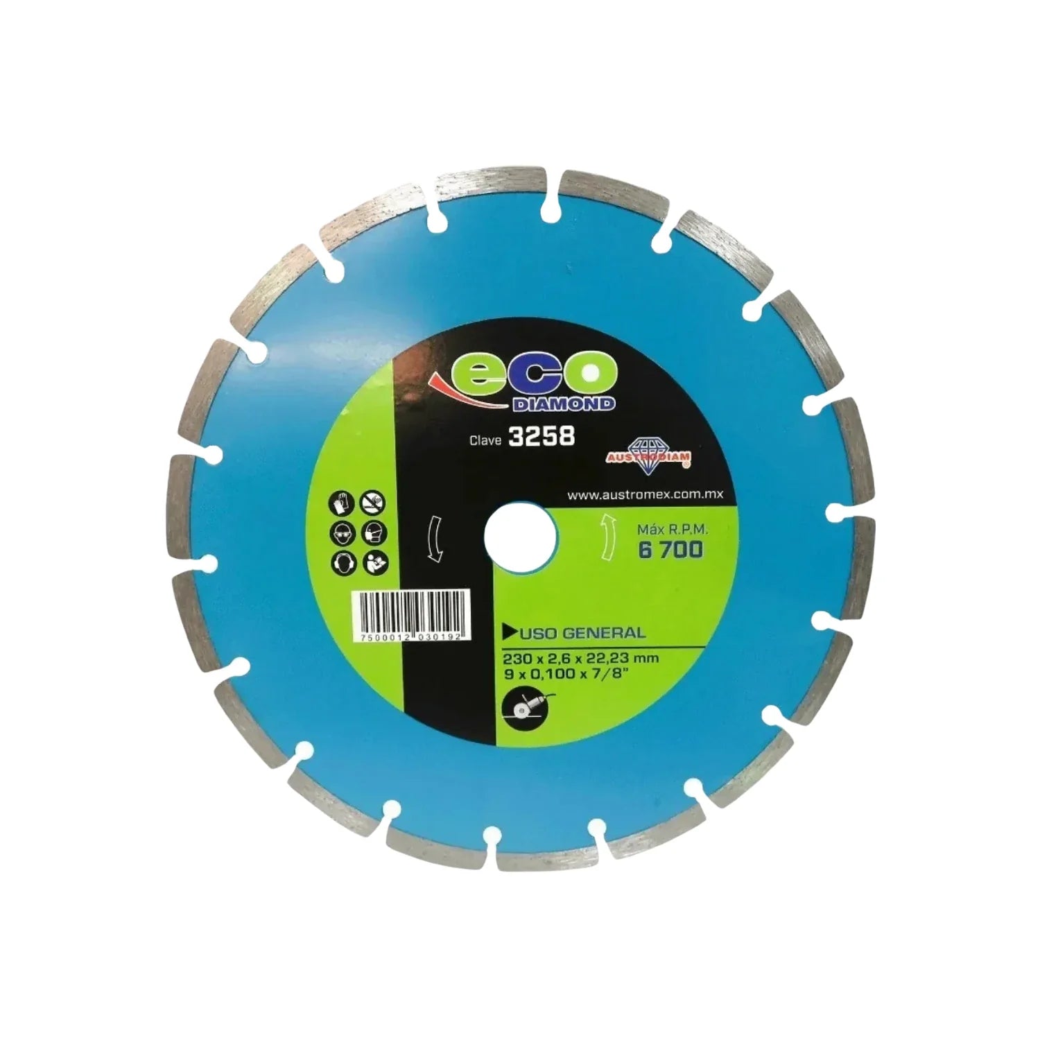 Disco diamantado segmentado.,Corte para materiales de construcción en general.,Diámetro: 9"(230 mm).,Eje: 7/8"(22.23 mm).,Espesor: 2.6 mm,Velocidad 6700 RPM, Maquina (Uso): Esmeriladora Angular.,Usar guantes y lentes de protección al momento de su uso.