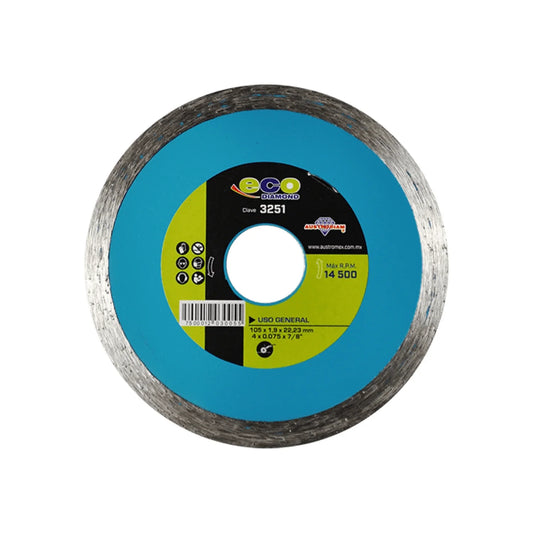 Disco de diamante de rín continuo.,Corte de materiales de construcción en general.,Diámetro: 4"(102 mm).,Eje: 7/8"(22.23 mm).,Espesor: 5/64" (1.9 mm).,Velocidad 13300 RPM,Ideal para concreto, mármol, granito o cantera.,Uso no intensivo.,Súper económicos y de gran rendimiento.,Usar guantes y lentes de protección al momento de su uso.