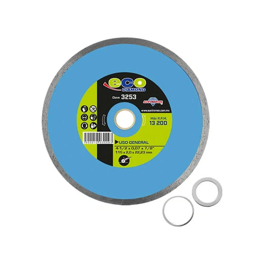 Disco diamantado rín continuo.,Corte para materiales de construcción.,Diámetro: 4 1/2"(114 mm,Eje: 7/8"(22.23 mm).,Espesor: 2 mm).,Velocidad 13200 RPM,Ideal para concreto, piedra, mármol, granito o cantera.,Usar guantes y lentes de protección al momento de su uso.