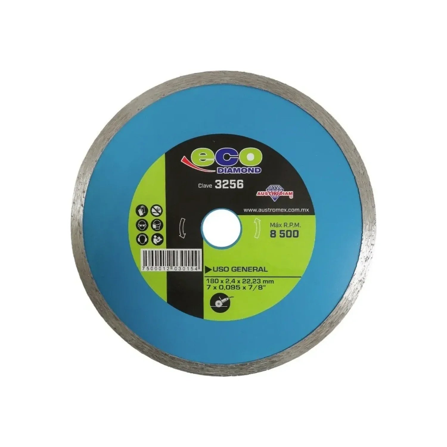 Disco diamantado rín continuo.,Corte para materiales de construcción.,Diámetro: 7"(180 mm,Eje: 7/8"(22.23 mm).,Espesor: 5/64" (2.3 mm).,Velocidad 8500 RPM,Ideal para corte de loseta cerámica, porcelanato y materiales duros donde el acabado sea un requerimiento importante.,Uso no intensivo.,La mejor relación precio-rendimiento.,Usar guantes y lentes de protección al momento de su uso. 