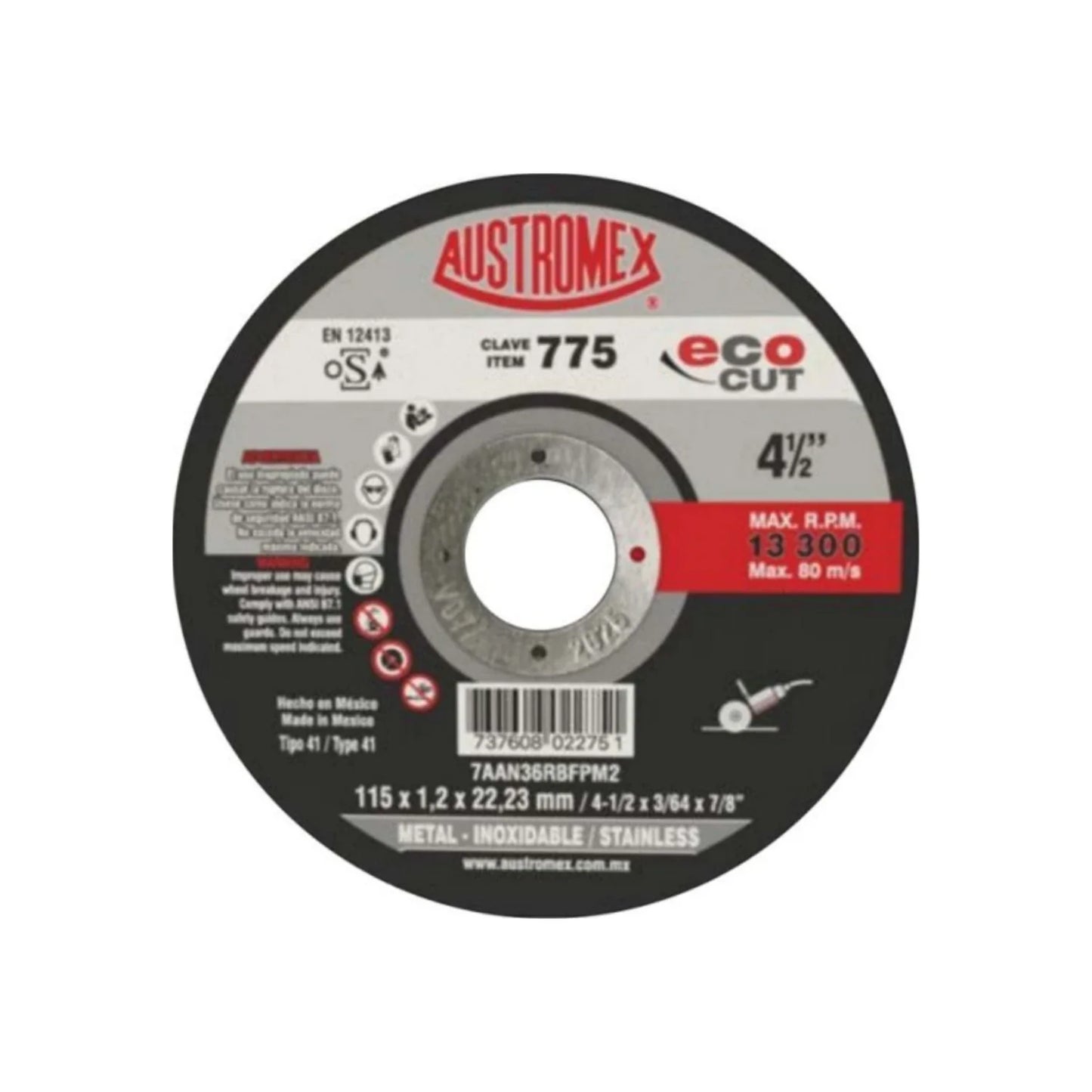 Disco para corte de acero inoxidable.,Diámetro: 4 1/2"(114 mm).,Eje: 7/8"(22.23 mm).,Espesor: 3/64"(1.2 mm).,Tipo 41,Velocidad 13300 RPM,Abrasivo: Óxido de Aluminio.,Usar guantes y lentes de protección al momento de su uso.