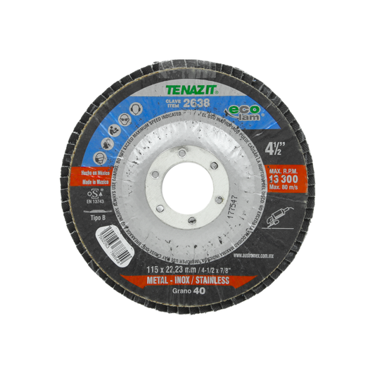 InformaciÃ³n TÃ©cnica., Elaborado con zirconio., Corte metal inoxidable. , Tipo B, DiÃ¡metro: 4 1/2"(114 mm)., Eje: 7/8" (22.23 mm)., Velocidad 13300 RPM, Disco laminado grano 40, Para desbaste de acero inoxidable, acero al carbÃ³n y soldadura., Usar guantes y lentes de protecciÃ³n al momento de su uso.\n\n<strong>La imagen puede diferir un poco del producto final.</strong>