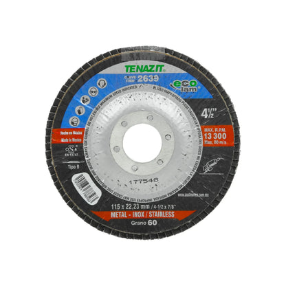 Información Técnica., Elaborado con zirconio., Corte metal inoxidable. , Tipo B, Diámetro: 4 1/2"(114 mm)., Eje: 7/8" (22.23 mm)., Velocidad 13300 RPM, Disco laminado grano 40, Para desbaste de acero inoxidable, acero al carbón y soldadura., Usar guantes y lentes de protección al momento de su uso.\n\n<strong>La imagen puede diferir un poco del producto final.</strong>