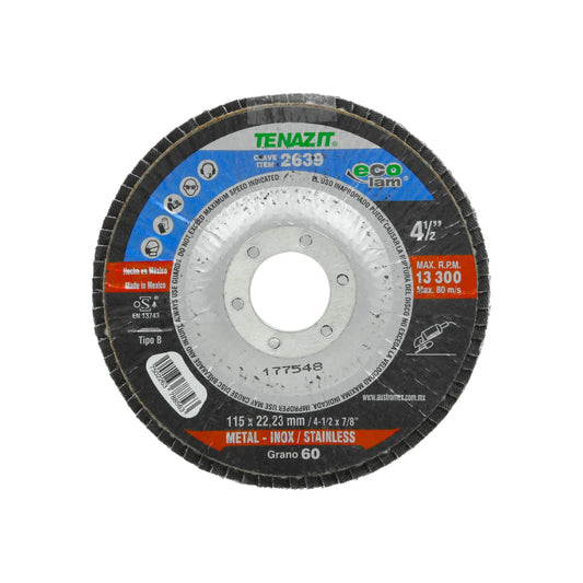 Información Técnica., Elaborado con zirconio., Corte metal inoxidable. , Tipo B, Diámetro: 4 1/2"(114 mm)., Eje: 7/8" (22.23 mm)., Velocidad 13300 RPM, Disco laminado grano 40, Para desbaste de acero inoxidable, acero al carbón y soldadura., Usar guantes y lentes de protección al momento de su uso.\n\n<strong>La imagen puede diferir un poco del producto final.</strong>