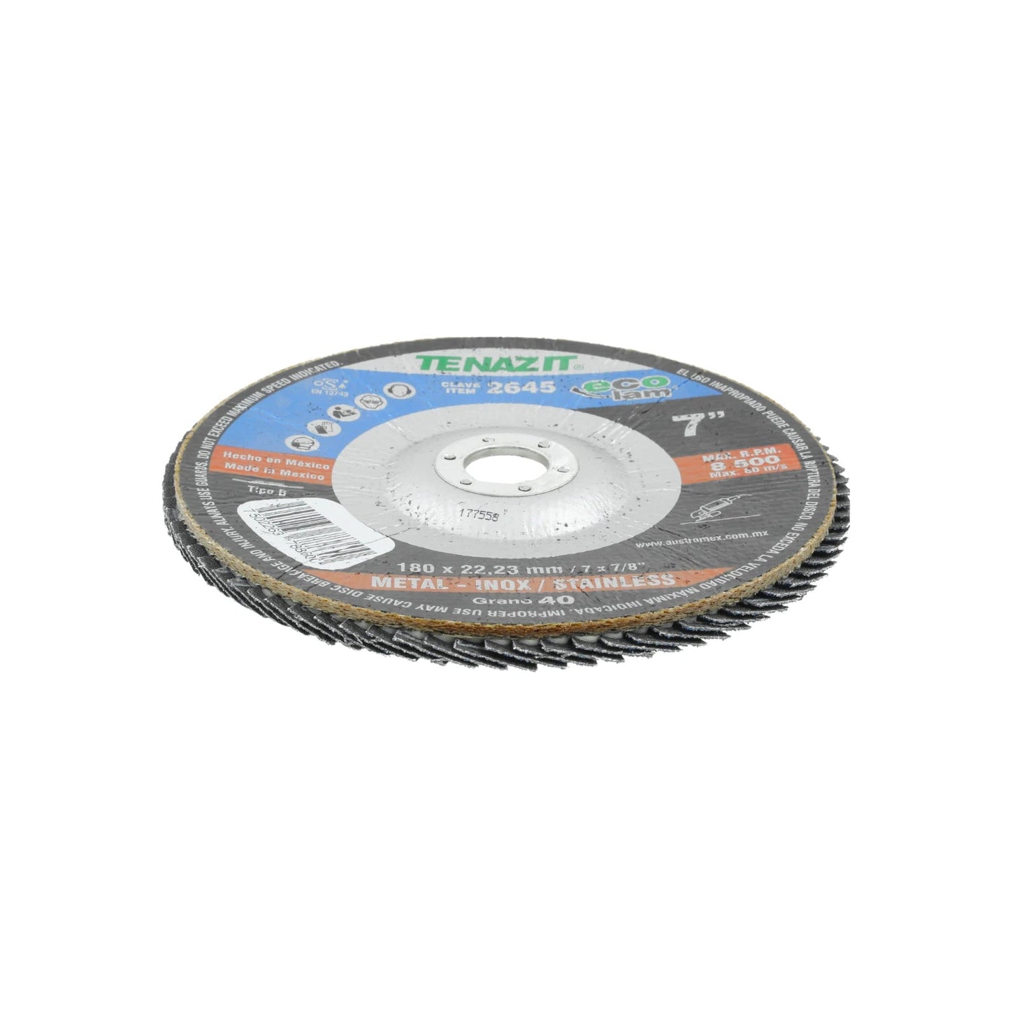 Disco laminado Tenazit 2645 de 7" grano 40 para desbaste y lijado de metal e inoxidable