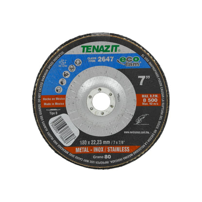 Información Técnica., Disco laminado., Tipo B, Diámetro: 7" (180 mm), Eje: 7/8" (22.23 mm)., Velocidad 8500 RPM, Grano 80, Disco para desbaste y pulido., Para desbaste de acero inoxidable, acero al carbón y soldadura., Usar guantes y lentes de protección al momento de su uso.\n\n<strong>La imagen puede diferir un poco del producto final.</strong>