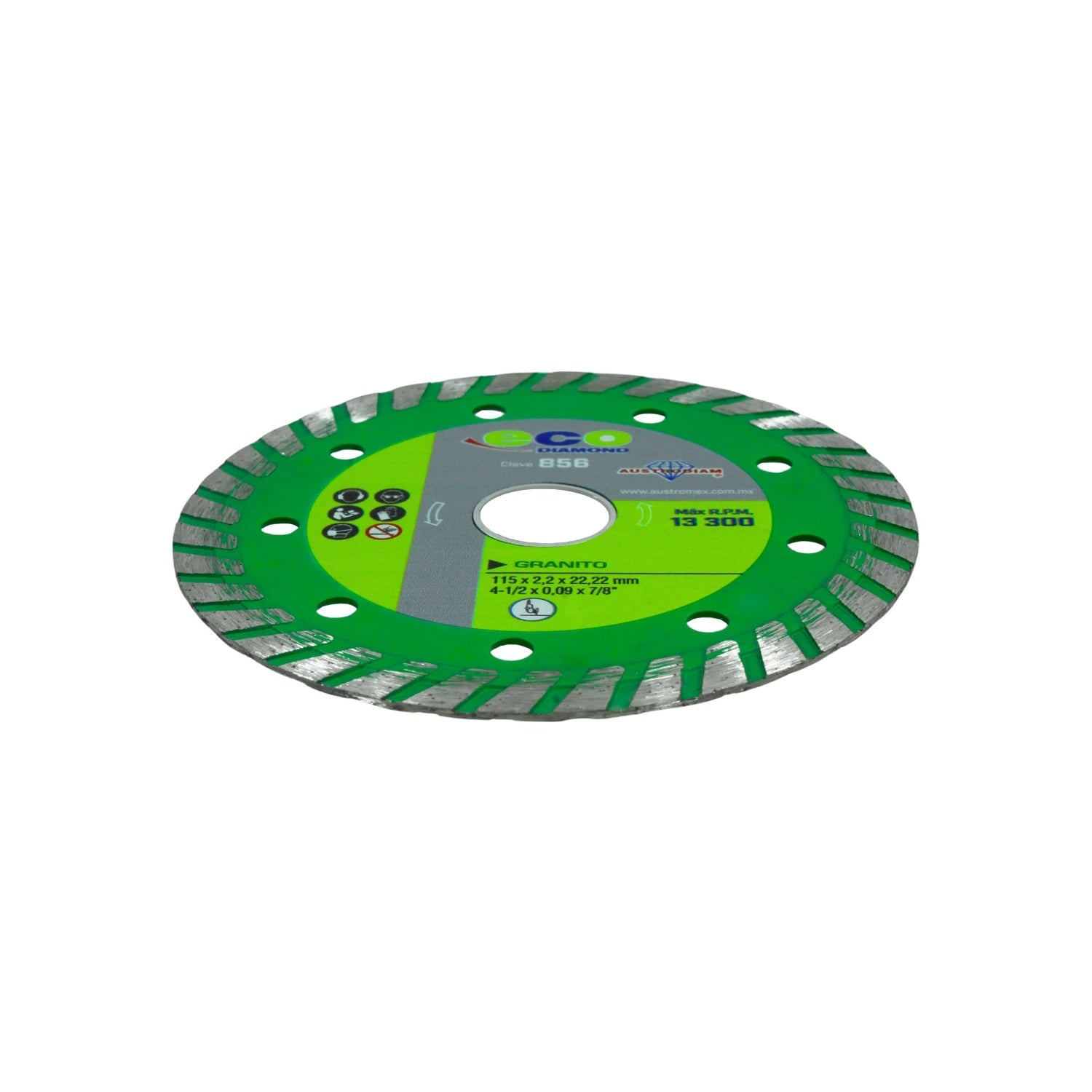 Disco de corte diamante Austrodiam 4 1/2" verde, segmentos turbo para granito, clave 856.