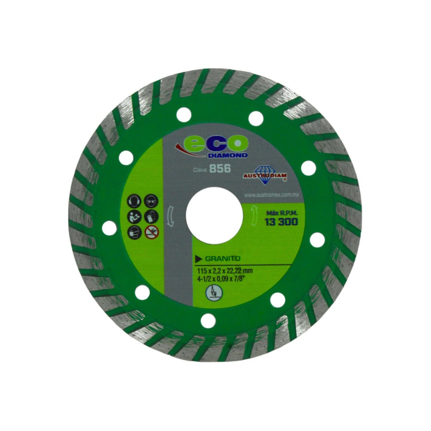 Disco de corte diamante turbo Austrodiam ECO 4 1/2" (115mm) para granito, color verde.