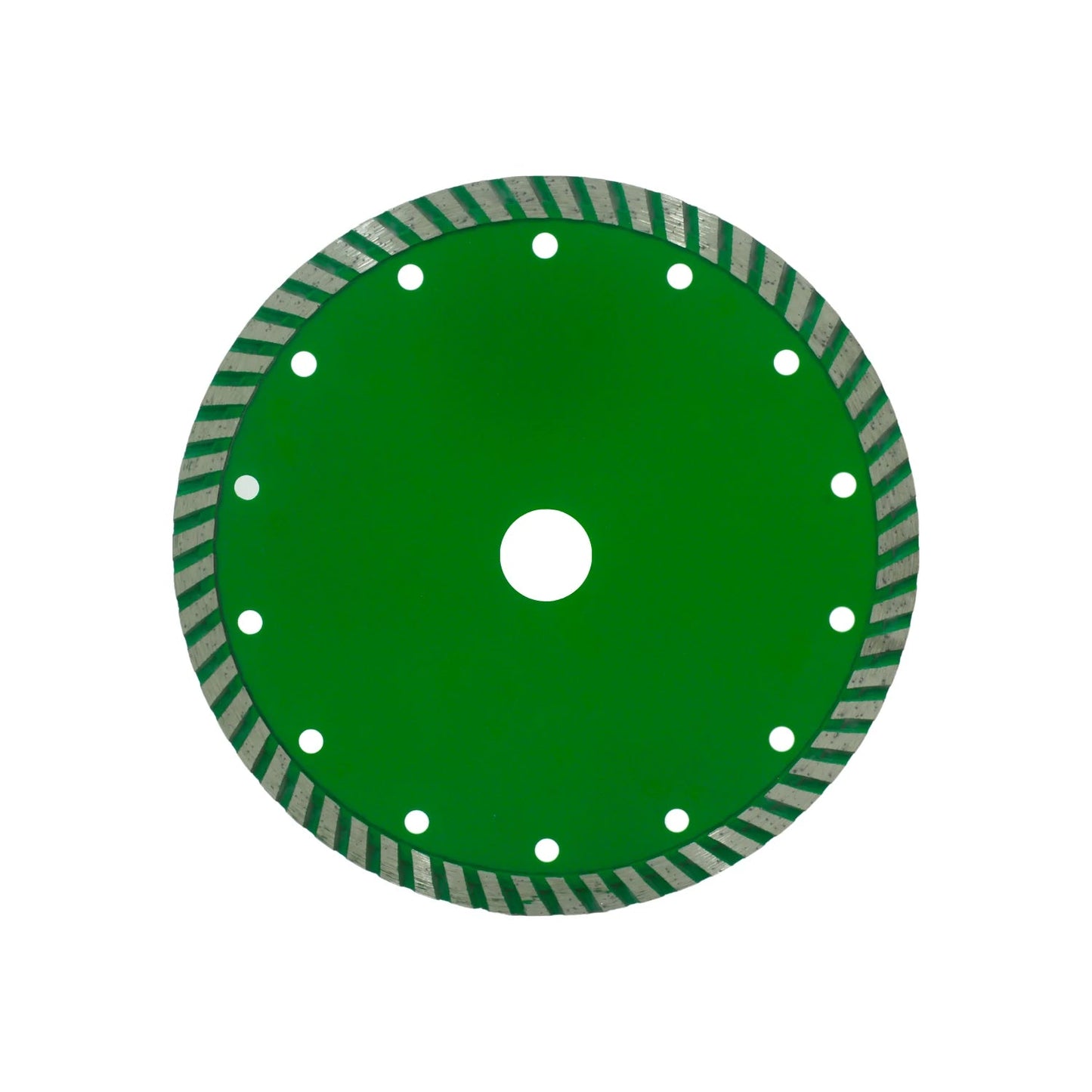 Disco de corte diamante turbo verde para amoladora angular, con ventilación para cortar materiales de construcción.