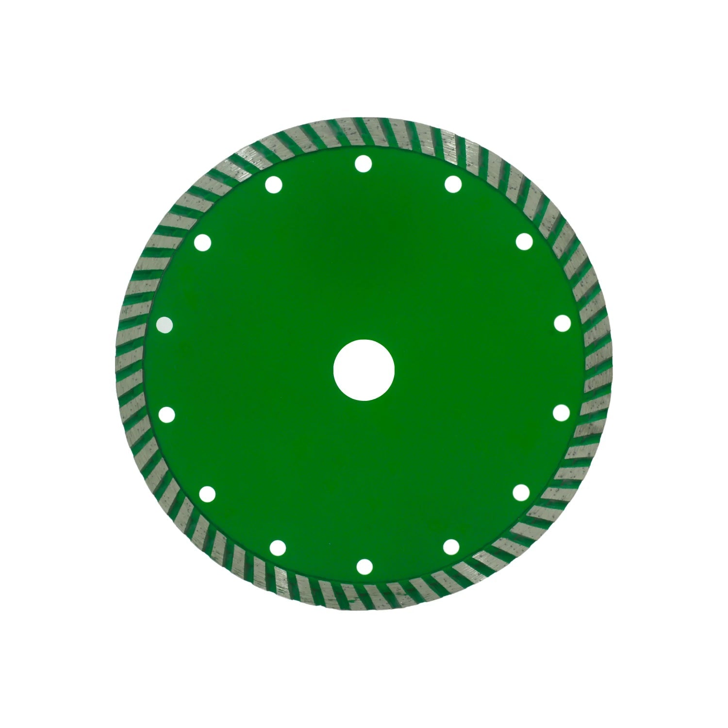 Disco de corte diamante turbo verde para amoladora angular, con ventilación para cortar materiales de construcción.