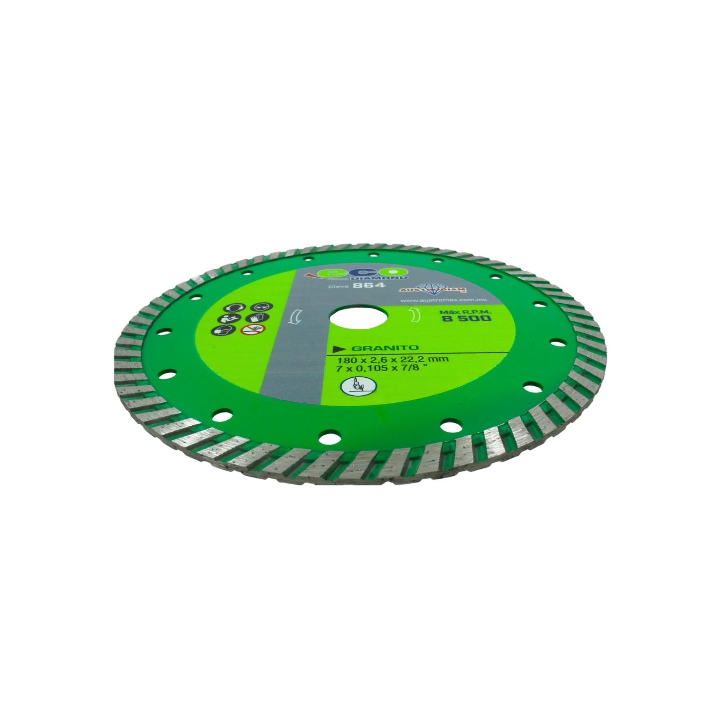 Disco de corte de diamante Austromex 7" para granito, segmentos turbo verdes, clave 864, máx 8500 RPM