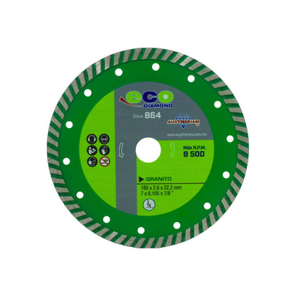 Disco diamantado verde Austrodiam para corte de granito 180mm (7") Clave 864, uso profesional.