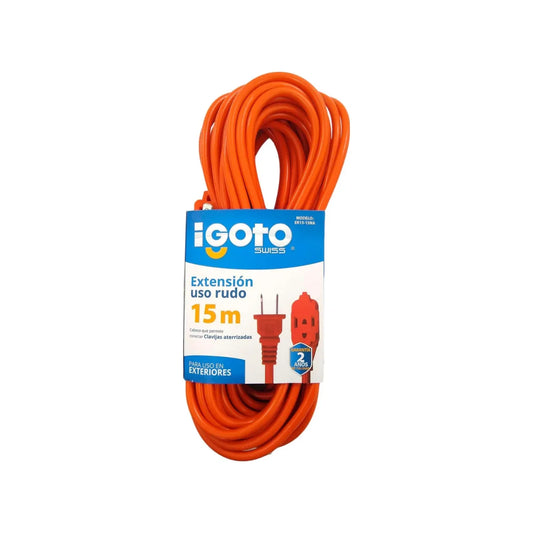 Cable calibre 16 AWG,Extensión de 15 m de largo.,Tensión 127 V ,Corriente 15 A,Cable uso rudo acabado naranja.