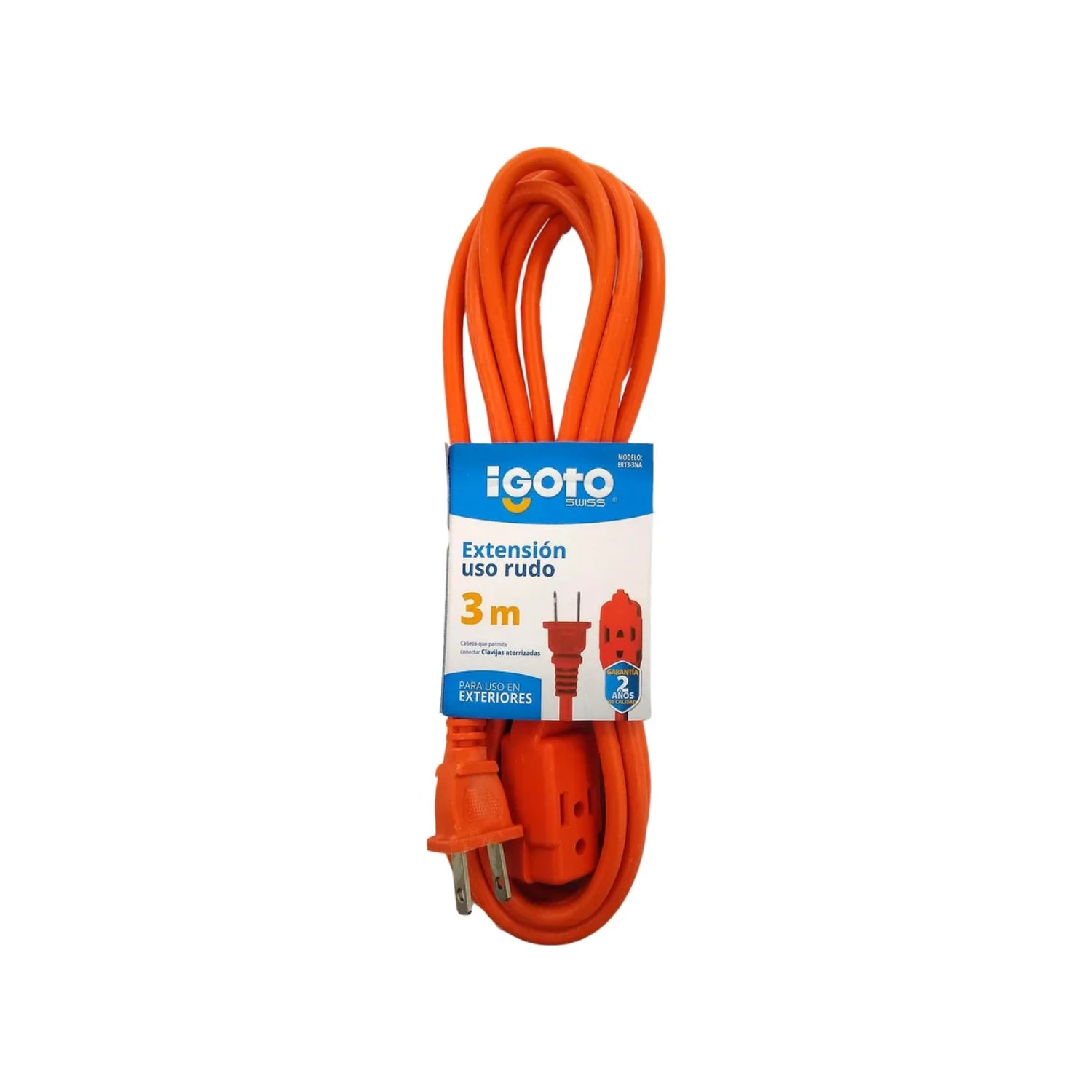 Extensión de uso rudo Igoto naranja 3m con clavija aterrizada, perfecta para exteriores.