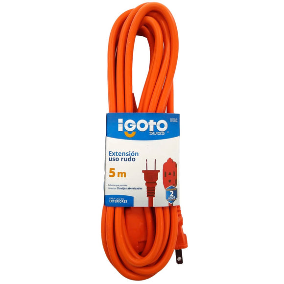 Cable calibre 16 AWG,Extensión de 5 m de largo.,Tensión 127 V,Corriente 15 A,Cable uso rudo acabado naranja.