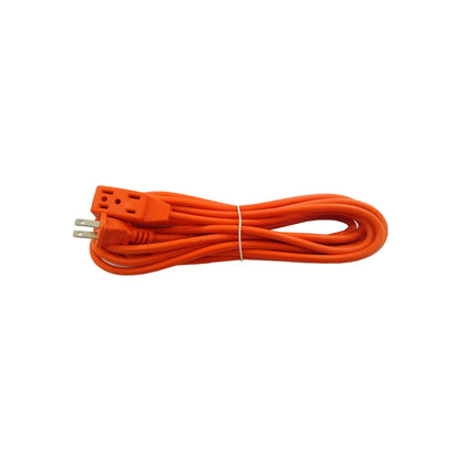 Extensión eléctrica naranja enrollada, con enchufe macho y triple tomacorriente hembra, para herramientas