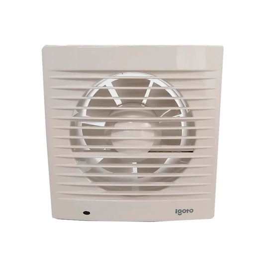 Ventilador extractor Igoto blanco cuadrado para baño o cocina, con rejilla protectora y aspas visibles