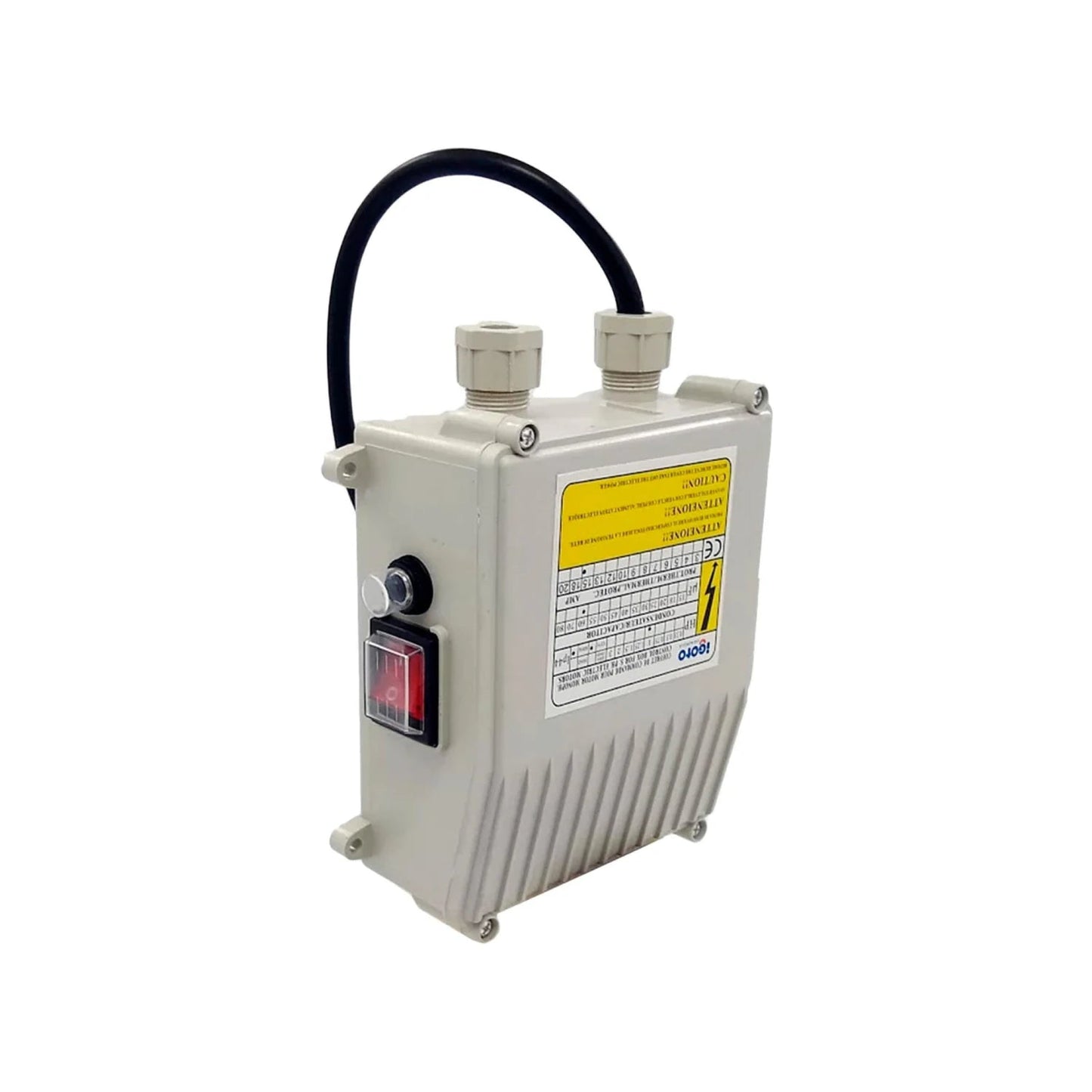 Controlador eléctrico Igoto gris para bombas sumergibles, con interruptor de encendido/apagado y luz piloto.