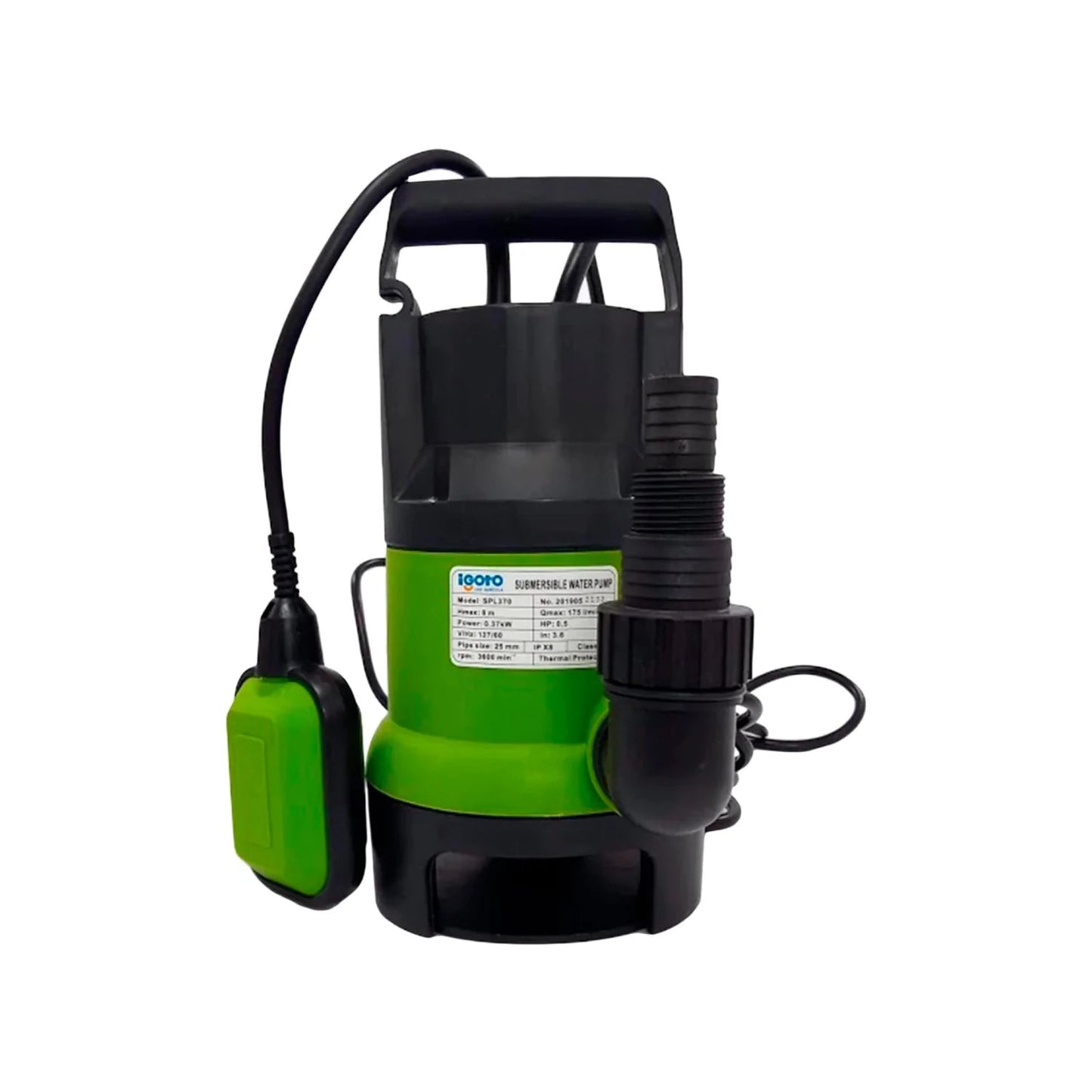 Bomba de agua sumergible Igoto SPL370 de 1/2 HP, plástico verde/negro, con flotador automático para desagüe.