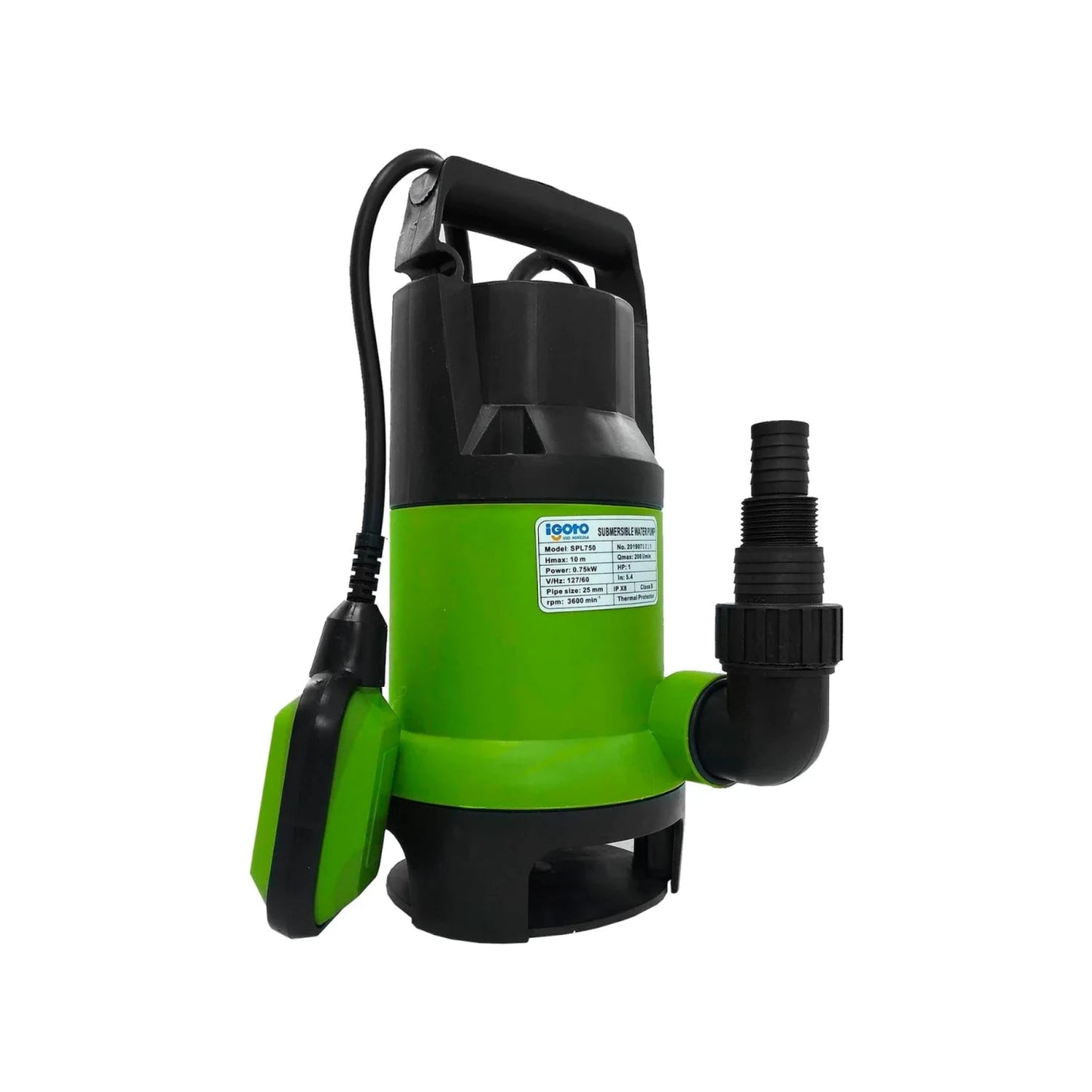Bomba sumergible Igoto SPL750 verde y negra con flotador 1 HP para vaciado de agua