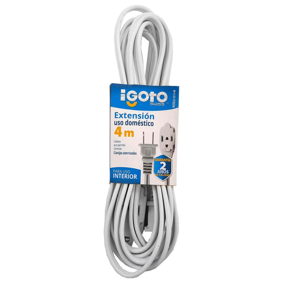 Cable calibre 16 AWG,Extensión de 4 m de largo.,Tensión 127 V - corriente 13 A,Contactos aterrizados.