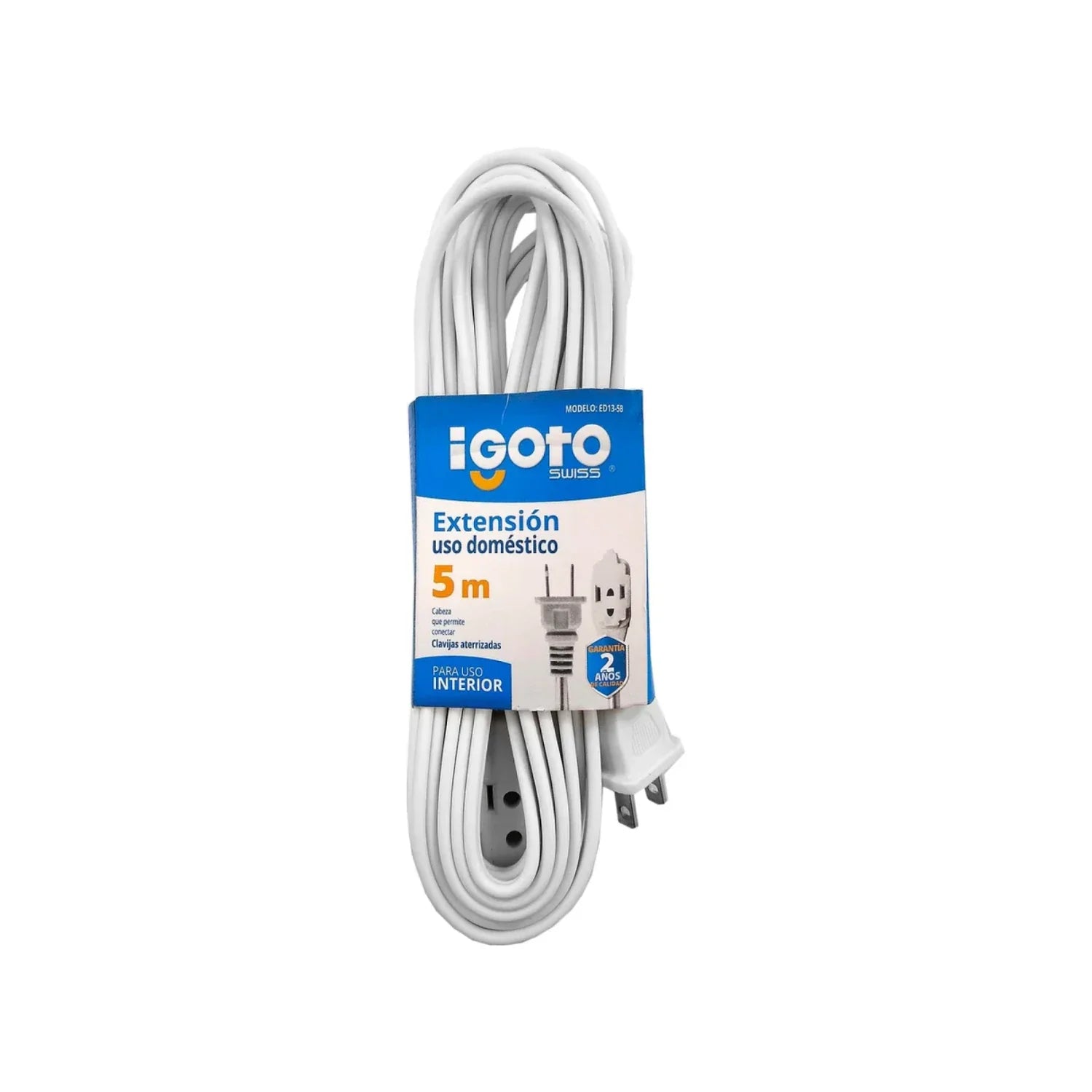 Cable calibre 16 AWG,Extensión de 5 m de largo.,Tensión 127 V,Corriente 13 A,Contactos aterrizados.