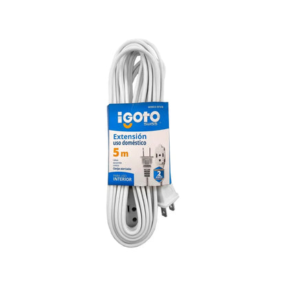 Cable calibre 16 AWG,Extensión de 5 m de largo.,Tensión 127 V,Corriente 13 A,Contactos aterrizados.