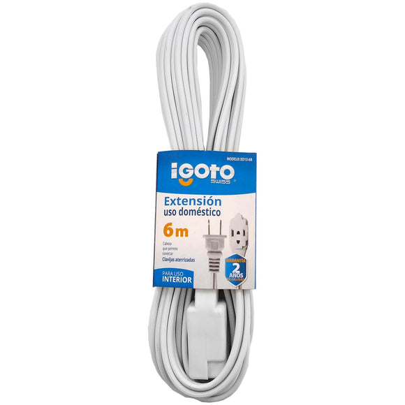 Cable calibre 16 AWG,Extensión de 6m de largo.,Tensión 127 V,Corriente 13 A,Contactos aterrizados.