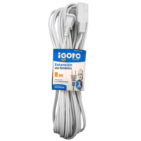 Cable calibre 16 AWG,Extensión de 8m de largo.,Tensión 127 V,Corriente 13 A,Contactos aterrizados.