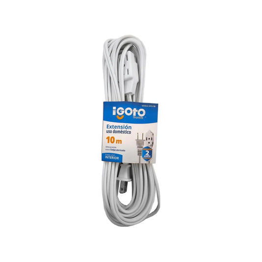 Cable calibre 16 AWG,Extensión de 10 m de largo.,Tensión 127 V - corriente 13 A, Contactos aterrizados.