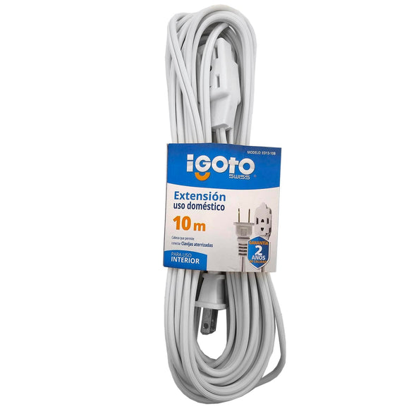 Cable calibre 16 AWG,Extensión de 10 m de largo.,Tensión 127 V - corriente 13 A, Contactos aterrizados.