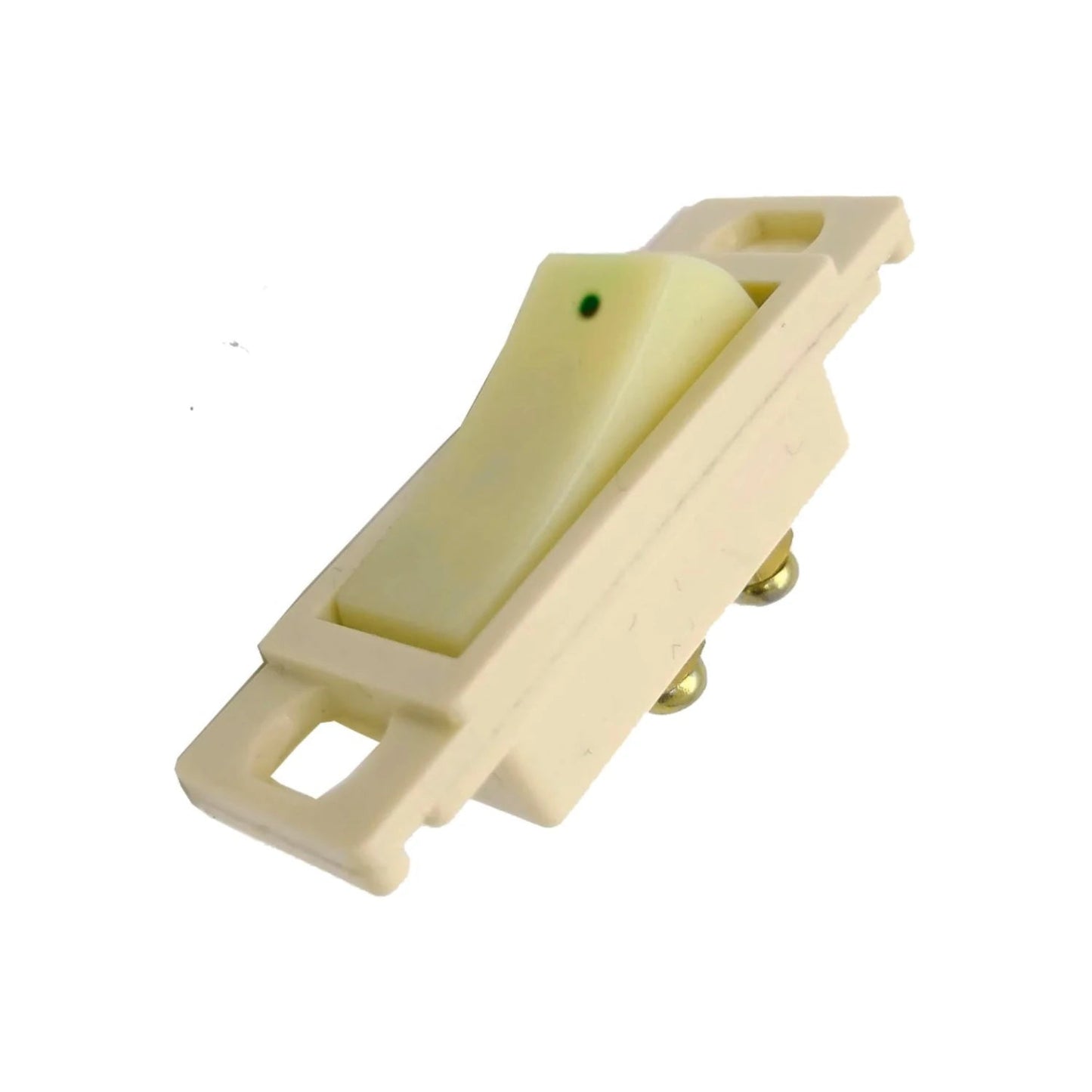 Apagador sencillo eléctrico para luz fluorescente, color marfil, con punto indicador verde, 2 terminales.