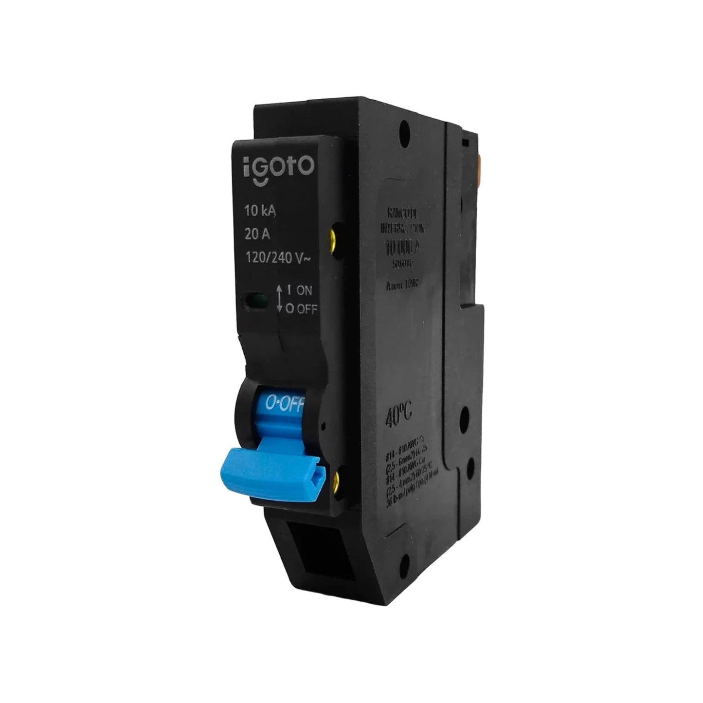 Breaker eléctrico Igoto de 20A, 10kA, 120/240V, color negro con palanca azul para protección de circuitos.