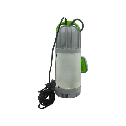 Bomba sumergible 1 HP acero inoxidable, detalles en gris y verde, para extracción y drenaje de agua