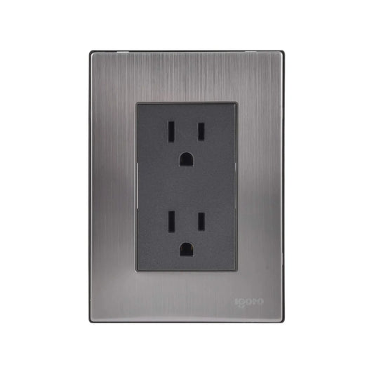 Fabricada de acero inoxidable.,Placa dos contactos.,125 V - 10 A - 60 Hz,Mecanismos de cobre y latón.,Policarbónato auto extinguible.,Fácil de instalar.