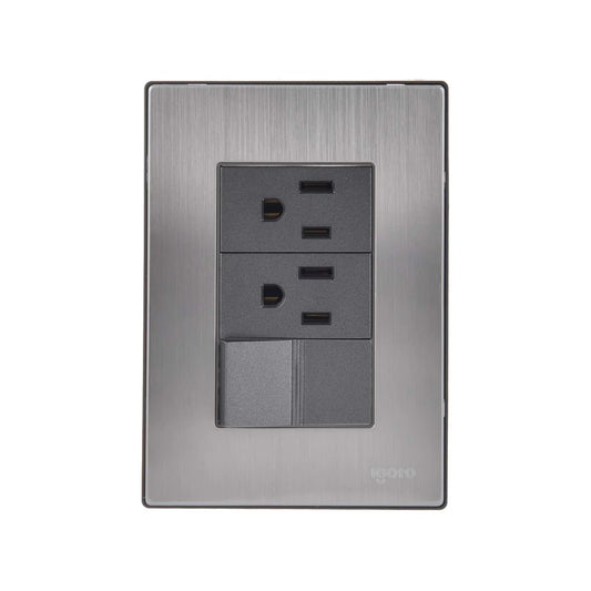 Fabricada de acero inoxidable.,Placa un apagador y dos contactos.,Mecanismos de cobre y latón.,240 V - 10 A - 60 Hz,Policarbónato auto extinguible.,Fácil de instalar.