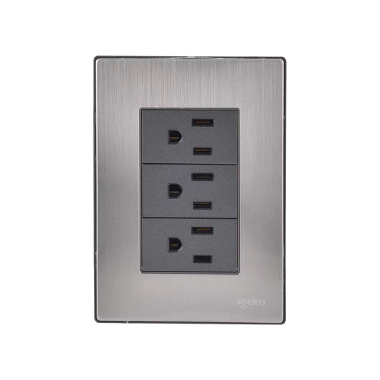 Placa eléctrica de pared Igoto con 3 tomas de corriente universales, acabado acero inoxidable cepillado
