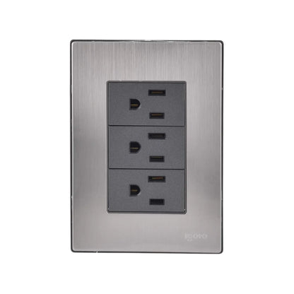 Fabricada de acero inoxidable.,Placa 3 contactos.,127 V - 10 A - 60 Hz,Mecanismos de cobre y latón.,Policarbónato auto extinguible.,Fácil de instalar.