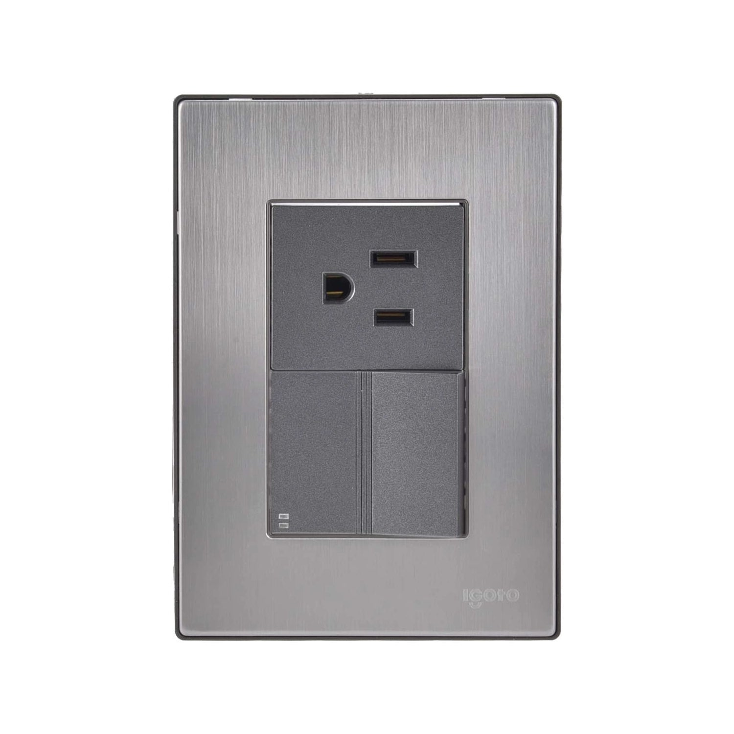Placa eléctrica modular igoto con contacto dúplex, 2 puertos USB y 2 apagadores, acero inoxidable cepillado gris.