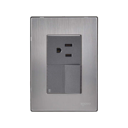 Placa eléctrica modular igoto con contacto dúplex, 2 puertos USB y 2 apagadores, acero inoxidable cepillado gris.