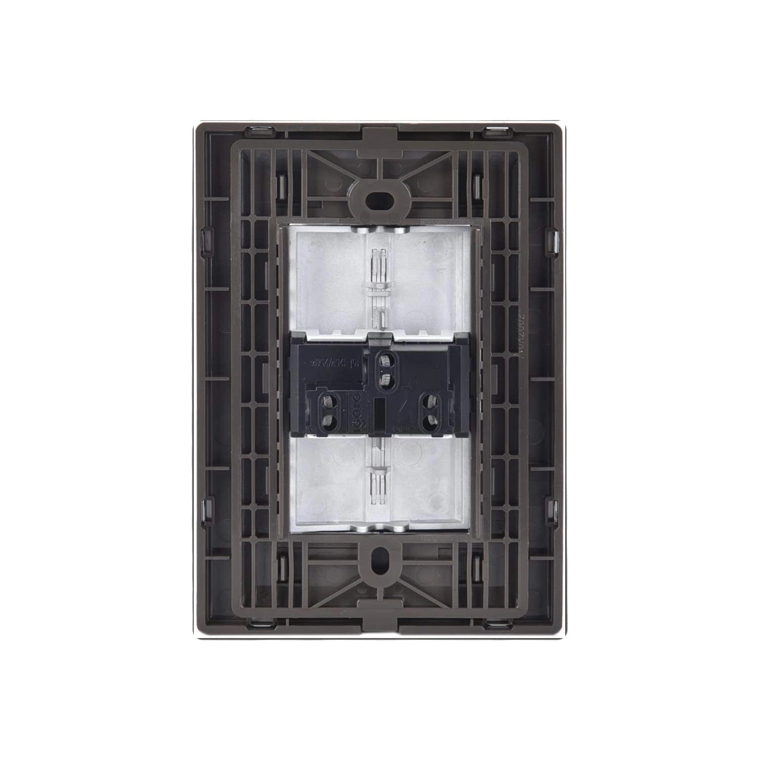 Marco modular para 2 módulos eléctricos, gris oscuro, vista trasera para montaje de apagadores y tomas.