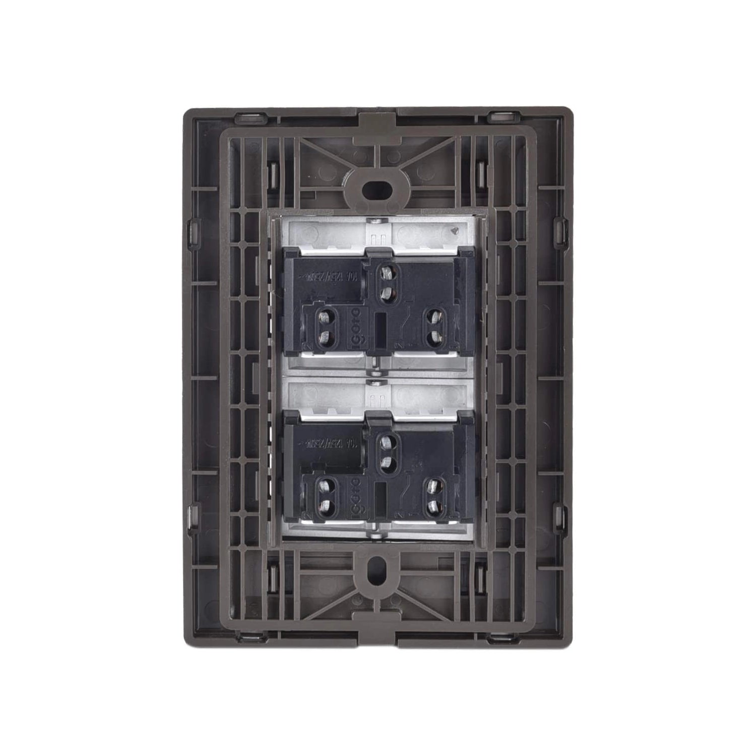 Mecanismo de placa doble para dos apagadores eléctricos Igoto 10A 125V/250V, vista posterior, gris oscuro